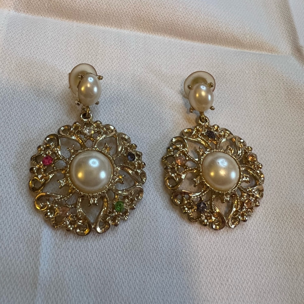 Gold and Pearl Drop Earrings with Crystals
